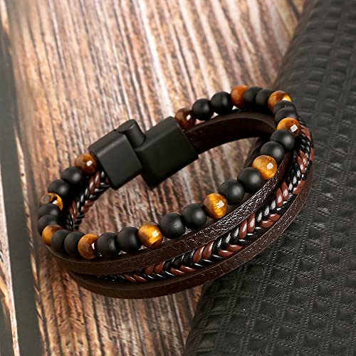 Fashion Frill Stylish Bracelet For Men Boys Boho Jewelry Beads Leather Charm Bracelets For Men Boys Tiger Eye's Stone Rosary love Bracelet Bangle Gift Accessories Mens Jewellery Bracelets