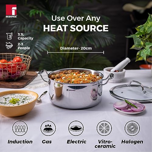 Bergner Hitech Triply Stainless Steel Cooking Casserole/Biryani Pot/Handi with Steel and Glass Lid, Non Stick Prism Technology, 20 cm Induction Bottom, Gas Ready, Metal Spatula Friendly