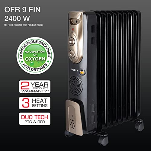 Havells OFR - 9Fin 2400-Watt PTC Room Heater with Fan (Black,Oil Filled Radiator)