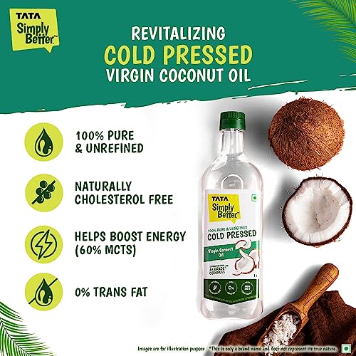 Tata Simply Better Pure and Unrefined Cold Pressed Virgin Coconut Oil, Naturally Cholesterol Free, Coconut Oil with Rich Aroma & Flavour of Real Coconuts, Can Be Used in Daily Cooking, Multipurpose Usage, A1 Grade Coconuts, Purity in Every Drop, 1L