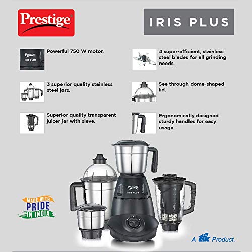 Prestige IRIS Plus 750 W Mixer grinder with 4 Jars (3 stainless steel Jars+ 1 Juicer Jar)| 4 Super efficient stainless blades | 2 years warranty| Black