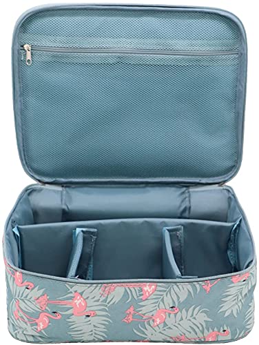 FLYMUG Watrproof Nylon 16 Cms Makeup Beauty Cosmetic Storage Organizer Bag Pouch for Women, Men Toiletry Case with Adjustable Partition, Handle-Blue Flamingo