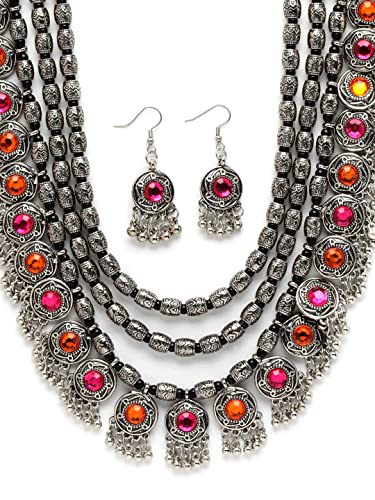 Shining Diva Fashion Latest Stylish Fancy Oxidised Silver Tribal Necklace Jewellery Set for Women (12164s), Multicolour, One