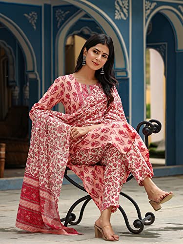 Vaamsi Women's Cotton Blend Floral Printed Straight Kurta Pant With Dupatta (VKSKD1154_Pink_M)