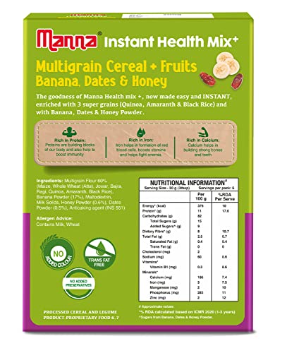 Manna Health Mix Instant 200g, Banana, Dates, Honey with Milk. Travel Friendly (Mix with Water/Milk and Serve)