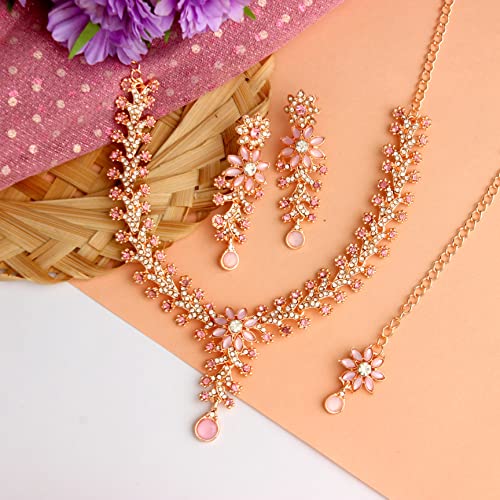 Atasi International Rose Gold Plated Mint Pink Diamond Necklace/Jewellery Set for Women with Earrings and Maang Tikka (RGP1965)