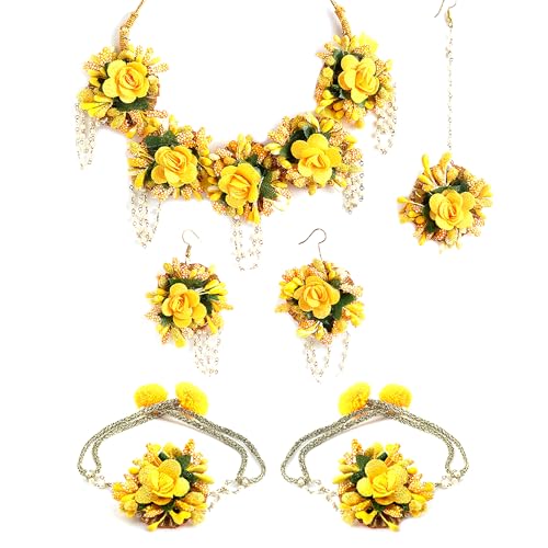 ZENEME Flower Haldi Gota Patti Necklace, Earrings, Bracelet & Maang Tikka for Women & Girls (Mehandi/Haldi/Wedding/Bridal/Baby Shower) (Design 4)