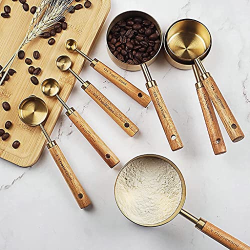 Supvox® Measuring Cups and Spoons with Wood Handle Set of 8, Stainless Steel, Golden Polished Finish, Baking Tools, Dry & Liquid Measuring Cup for Cooking