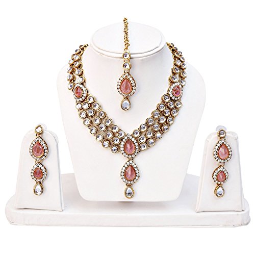 Shining Diva Fashion Gold Plated Pink Kundan Traditional Necklace Jewellery Set for Women & Girls(8647s)