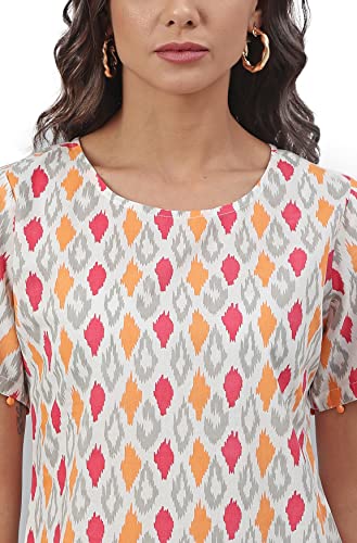 Janasya Women's Off White Cotton Printed A-line Western Dress(JNE3905-DR-XL)