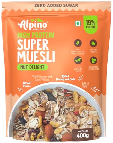 ALPINO Super Muesli Nut Delight 400g - 69% Whole Grain, 20% Dried Fruits & Nuts - Finest Nuts & Raisins, No Sugar Infused Fruits - High in Protein, Source of Fibre, Vegan - Breakfast Cereal