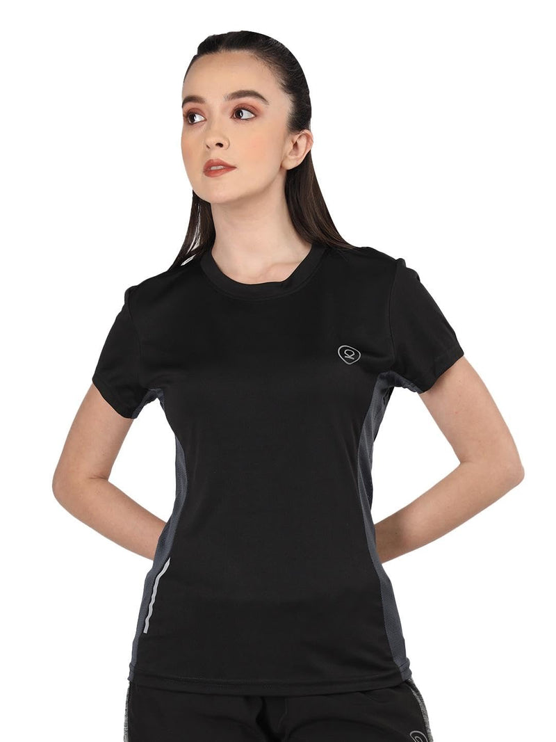 CHKOKKO Women's Round Neck Dry Fit Gym Sports T-Shirt Black Size L