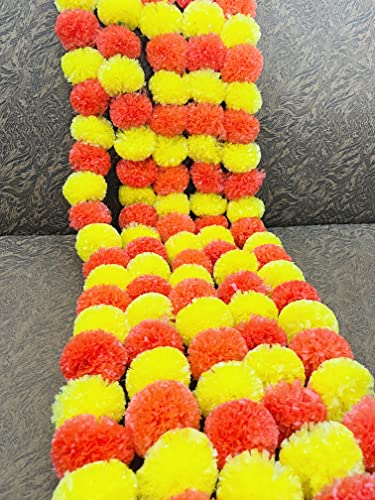 SPHINX Artificial Marigold Fluffy Flowers Garlands for Festive Pooja Wedding Housewarming Diwali Decorations Festival Events Home Table Bedroom Pooja Room (Yellow and dark orange,Approx. 4.5 to 4.9 ft- 5 Pieces)