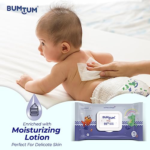 Bumtum Baby Gentle 99% Pure Water Soft Moisturizing Wet Wipes With Lid | Aloe Vera & Chamomile Extracts | Paraben & Sulfate Free (Pack of 3, 72 Pcs. Per Pack)