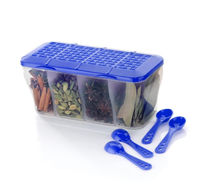 E-COSMOS 4 section container for vegetables,dryfruits,spices,grocery,pickles,and multipurpose 4 in 1 box for kitchen & Storage Containers Airtight,Cereal 1800 ML with 4 Spoons - Multi, Plastic (Blue)