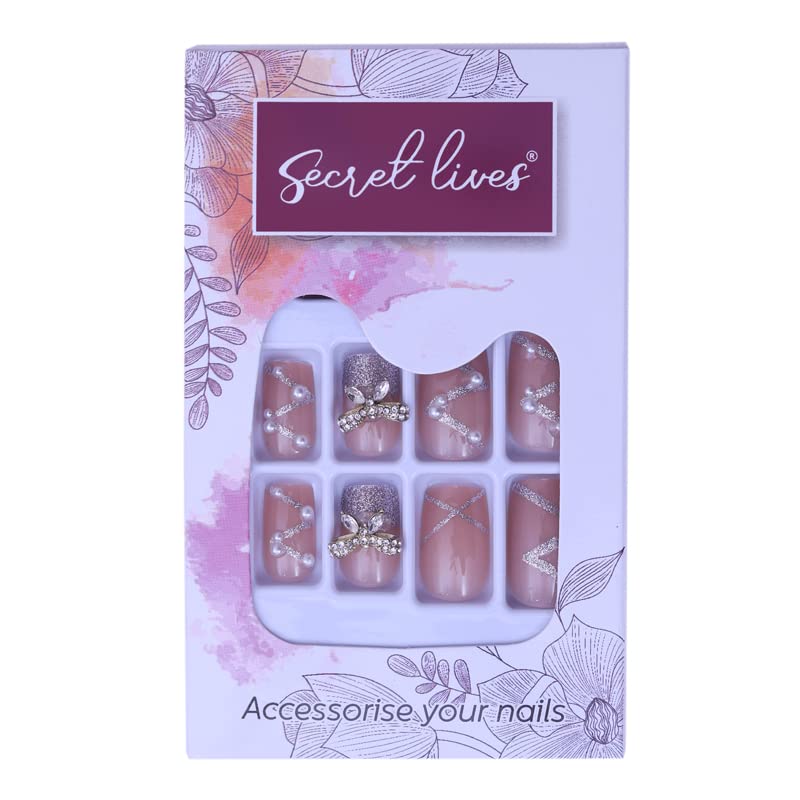 Secret Lives® acrylic press on nails artifical extension nude color with white pearls & silver glitter with 3d bow fake nails design 24 pieces set with kit