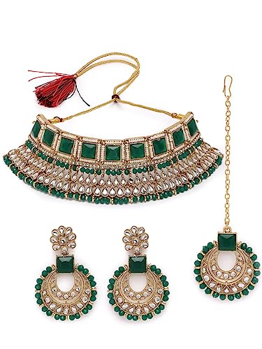 Sukkhi Classical Traditional Gold Plated Green Kundan & Beads Choker Necklace Set With Earring And Maangtika | Jewellery Set For Women (NS105552)