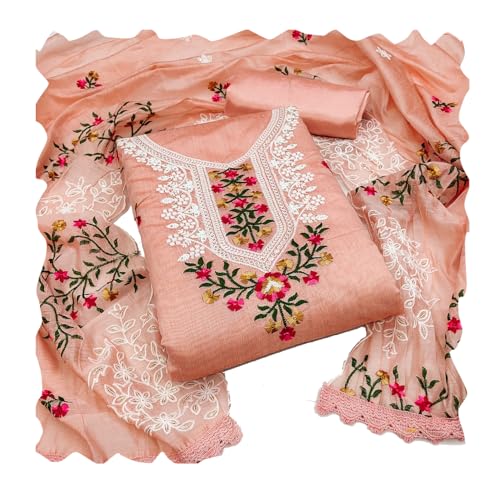 HMP Fashion Women chanderi cotton embroidery work salwar suit with muilty work chanderi cotton dupatta free size unstitch dress material (ORANGE)
