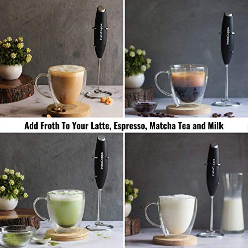 InstaCuppa Milk Frother for Coffee - Handheld Battery-Operated Electric Milk and Coffee Frother, Stainless Steel Whisk and Stand, Portable Foam Maker for Coffee, Cappuccino, Lattes, and Egg Beaters