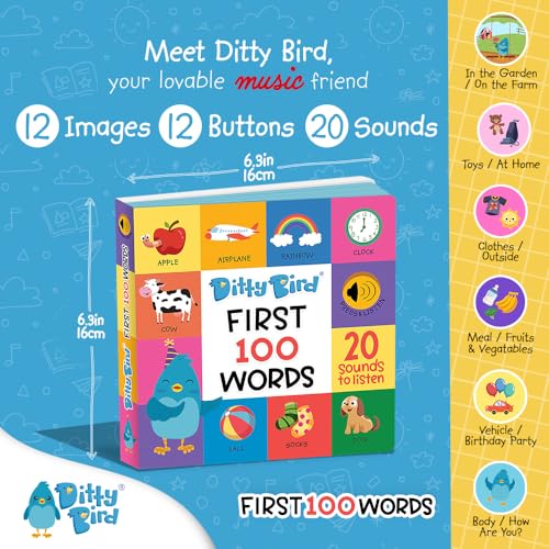 Ditty Bird Talking Books 100 Words | Fun Vocabulary & Speech Learning for Babies | Board Books for Toddlers 1-3 | Children's Interactive Toddler Books with Great Pictures | Sturdy Baby Sound Books