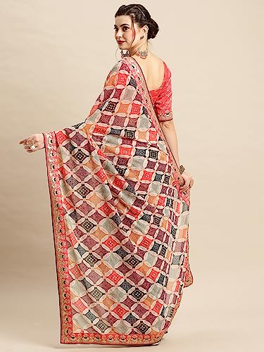 AKHILAM Women's Embellished Bandhani Lace Work Georgette Saree With Unstitched Blouse Piece (Multicolor_GLMP901)