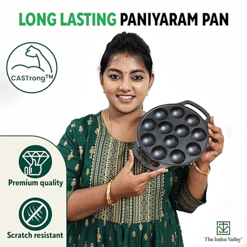 The Indus Valley Pre-Seasoned Cast Iron Paniyaram Pan with Loop Handle | Medium, 12pit, 8.3Inch/21 cm, 2.8kg | Nonstick Appe/Paddu pan, 100% Pure & Toxin-Free, Black