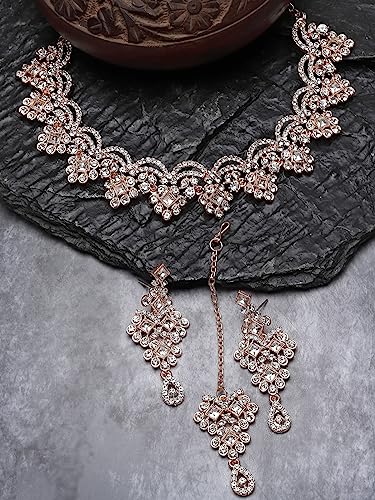 Sukkhi Untamed Rose Gold Plated AD White Stone Collar Bone Necklace Set With Earring And Maangtika | Jewellery Set For Women (NS105635)