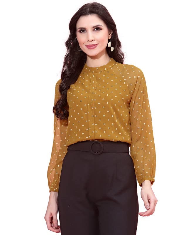 SIRIL Women's Georgette Printed Causal Wear Regular Fit Top(362TK7051-S_Musterd Yellow)