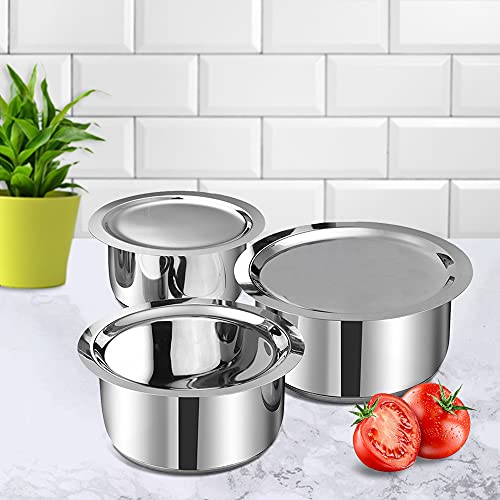 Vinod Stainless Steel 3 pc Tope Set with Capacity of 1.4 litres, 1.8 litres & 2.2 litres with Stainless Steel Lids (Gas Stove and Induction Friendly) - Silver, 24 Months Warranty