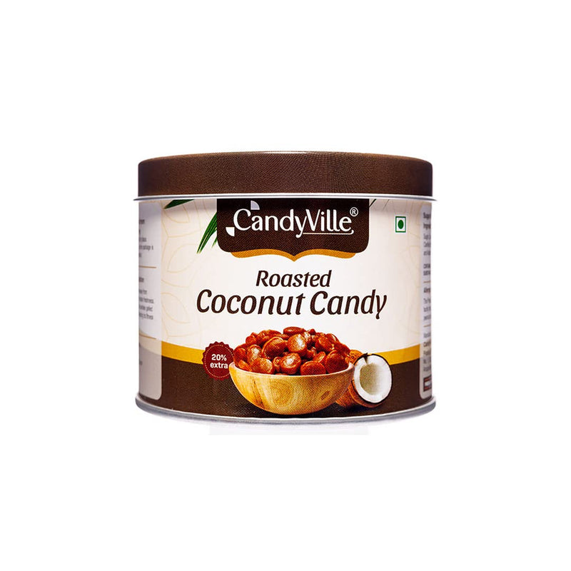 CandyVille Roasted Coconut Candy Tin (340g) | Crunchy Coconut Toffees in Tin | Mildly Roasted with Sugar | No Added Colours or Preservatives | Traditional Indian Sweets