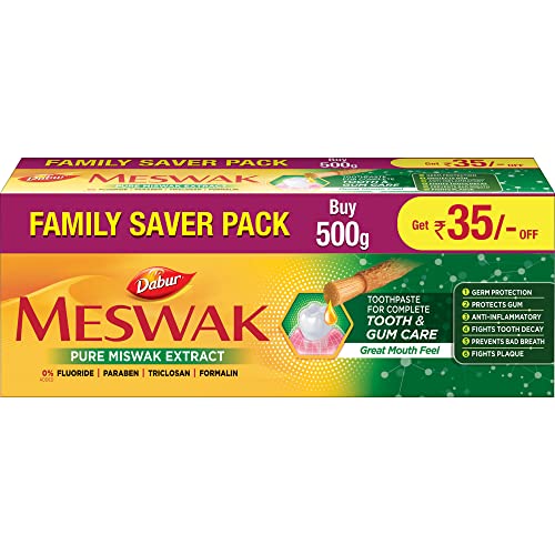 Dabur Meswak Complete Oral Care Toothpaste - 500g (2 x 200g + 1 x100g) | Complete Oral & Gum Care Toothpaste | Contains Pure & Rare Miswak extract | No added Fluoride, Paraben, Triclosan & Formalin