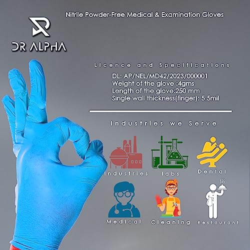 Dr Alpha Nitrile Gloves Powder Free Medical Examination gloves, Disposable and Surgical Hand Gloves | Comfort, Tear Resistance, Multi-Purpose, Food Grade |Gloves Surgical 6 Gram Blue Small Pack of 50