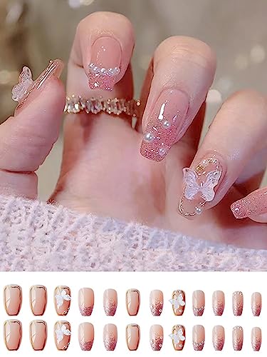 Secret Lives® acrylic translucent press on nails artifical designer 3D white bow & pearl with pink glitter color nails extension 24 pieces combo set with kit beautiful fake false nails