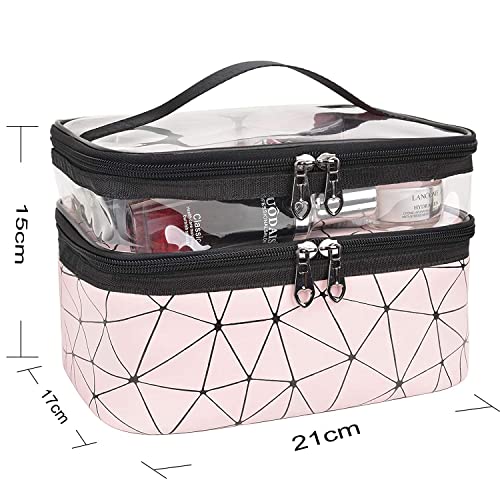 Oceanevo Dual Layer Makeup Bag, Makeup Pouch for Women, Cosmetic Bag for Storage of Toiletries and Brushes - 21 x 17 x 15 cm - Pink