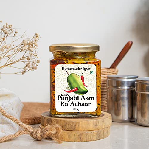 Homemade Love Authentic Punjabi Mango Pickle made with organic methods | Spicy & Tangy Aam Ka Achaar with Raw Mango, and spices mixed with mustard oil | Sun-Dried and Preserved Naturally | Ancestral Indian Achar Recipe | Handcrafted with Care and Authenti