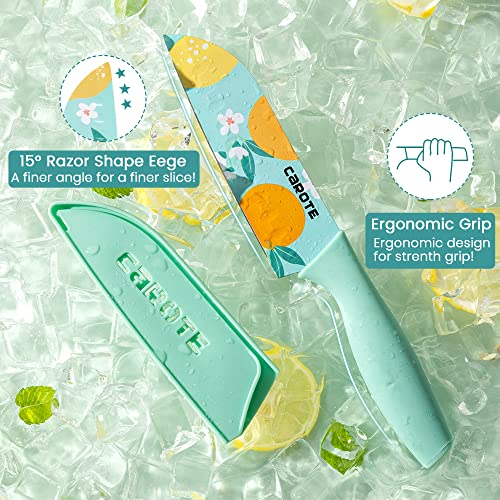 CAROTE Knife Kitchen Knife Chef Knife Color Printing Santoku Knife & Non-Slip Handle with Blade Cover, Blue, 5 inch, Stainless Steel