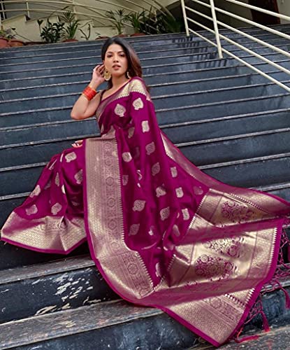 C J Enterprise Women's Banarasi Saree Pure Kanjivaram Silk Saree Soft Design Wear Pattu Sarees Latest Cotton With Blouse Piece for Wedding sadi new ladies 2023 (Pari12 Wine)