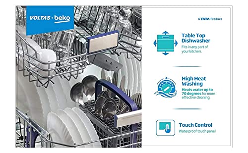 Voltas Beko 8 Place Settings Table Top Dishwasher (DT8S, Silver, Inbuilt Heater)