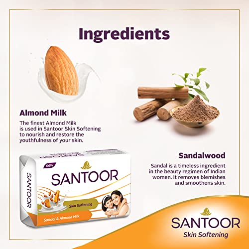 Santoor Sandalwood and Almond milk Organic Soft Bath Soap for Softer, Smoother and Moisturised Skin, Combo Offer 150 g pack of 6