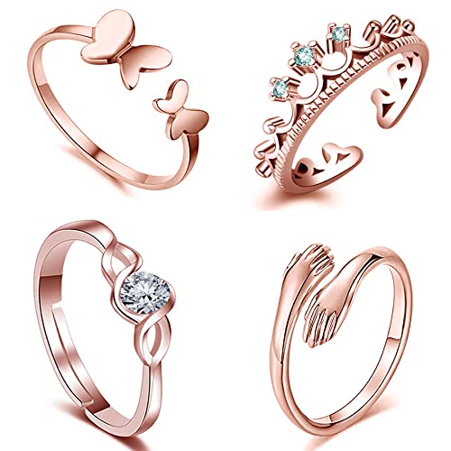 Okos Rose Gold Plated CZ Jewellery Combo of 4 Designer Finger Rings Adorned With White CZ Stones for Girls and Women CO1000427