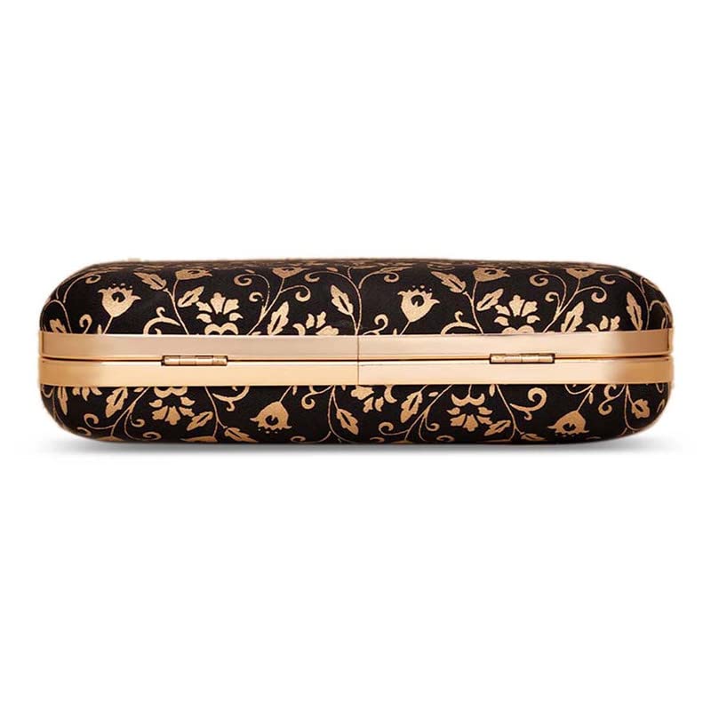 ZOUK Srinagar Garden Floral Printed Women's Mashru silk Black and Golden Clutch