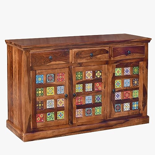 SONA ART & CRAFTS Solid Sheesham Wood Sideboard Tv Cabinet for Living Room | Free Standing Movable Tv Unit Side Board Table with 3 Drawer & 2 Cabinet Storage Furniture for Home | Honey Finish