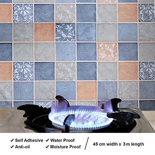 wolpin Wall Stickers Wallpaper Bathroom Waterproof Kitchen Tiles Pattern, DIY Stove Backsplash, Countertop Self Adhesive Decal, Blue & Orange
