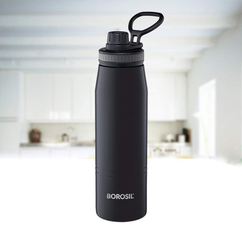 Borosil - Stainless Steel Hydra Gosports - Vacuum Insulated Flask Water Bottle, 600 ML, Black