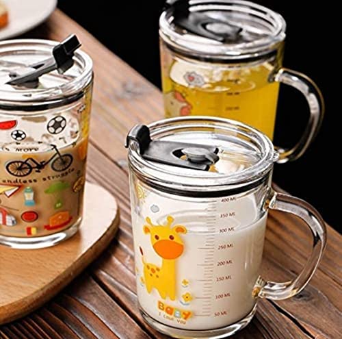 KiKiluxxa Cartoon Print Creative Milk Glass Sipper Cup/Mug with Handle and Spill Proof Lid and Straw Tumbler - Random Design (Transparent, 350ml)