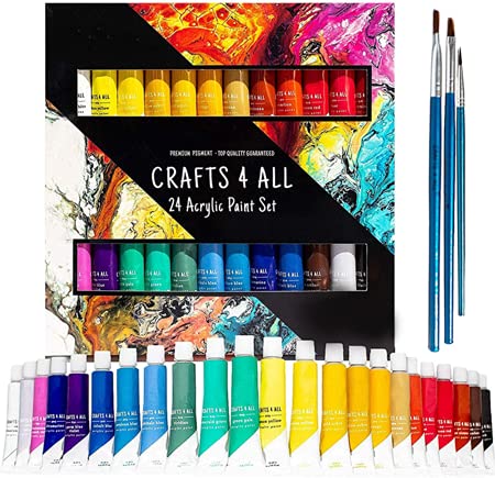 Crafts 4 ALL Acrylic Paint Set for Kids and Adults - 24 Pack of 12mL Craft Paint Colors for Wood, Canvas, Fabric and Ceramics w/ 3 Different Sized Brushes - Art Supplies