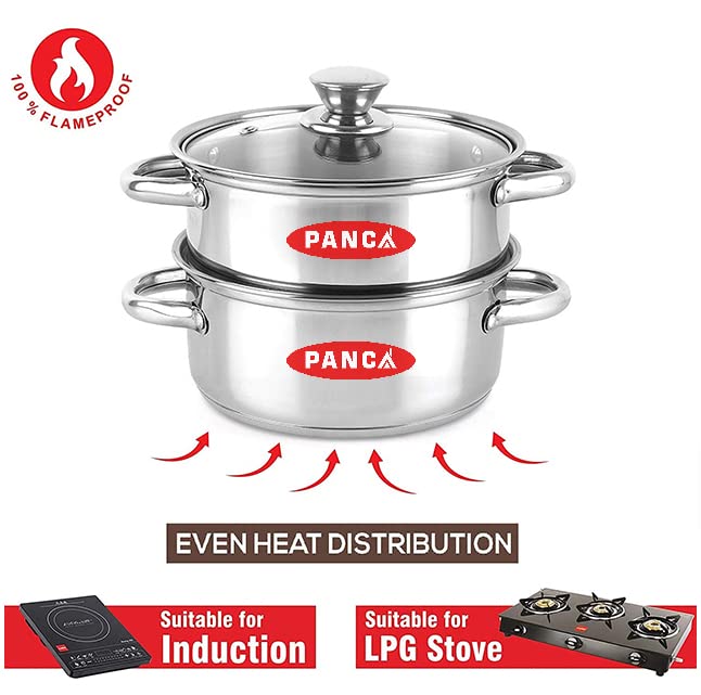 PANCA Premium Steamer For Vegatables, Momo, Rice, Multipurpose 2 Tier Stainless Steel Steamer With Glass Lid, Premium Daily Use Steamer 18cm Diameter (Induction Friendly) - Silver