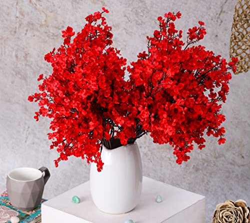 SATYAM KRAFT 5 Pcs Artificial Baby's Breath Gypsophila Flower Sticks Fake Bunch Decorative Items for Home;Office; Room; Living Room; Table; Diwali Decoration (Without Vase) (Red)(Fabric)