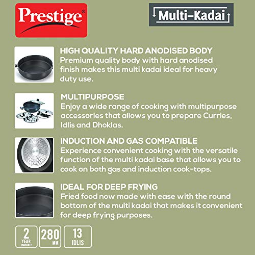 Prestige Hard Anodised Multi Kadhai | 4.5 L | Black | Induction Base | Multi-Purpose Accesories - Idli Stand, Dhokla Stand and Steamer | Round Bottom | Durable Handles