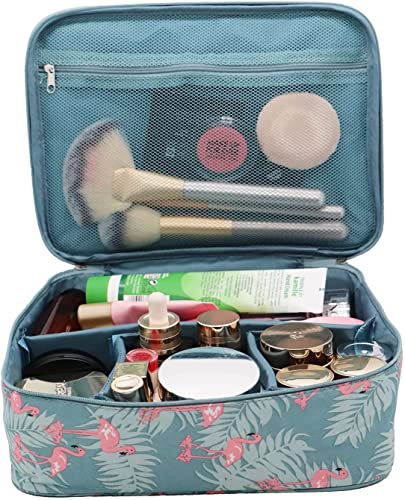 FLYMUG Watrproof Nylon 16 Cms Makeup Beauty Cosmetic Storage Organizer Bag Pouch for Women, Men Toiletry Case with Adjustable Partition, Handle-Blue Flamingo